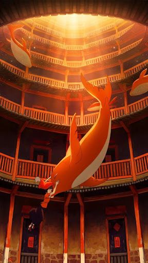 Un grande pesce rosso abbraccia una donna che galleggia nelle vicinanze, mentre altri grandi pesci nuotano in quella che sembra una pagoda in un'immagine animata di Big Fish and Begonia.