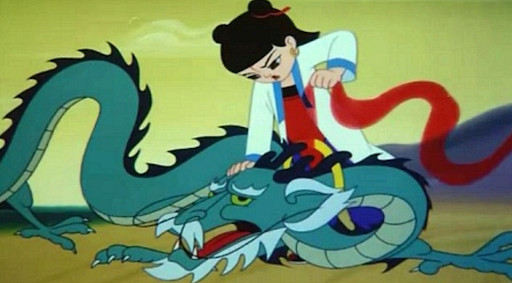 Nezha, che indossa un abito bianco e rosso, conforta il drago verde in un'immagine animata di Nezha Conquers the Dragon King