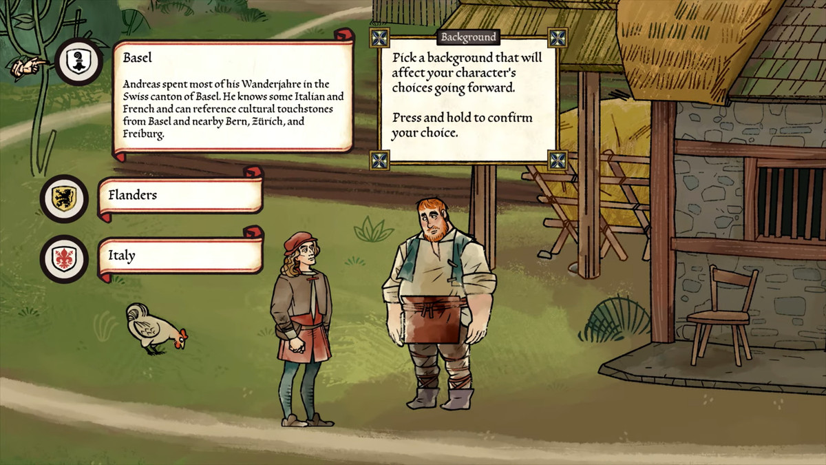 Due persone stanno in un cortile, davanti a un fienile, a parlare. C'è un pollo in fuorigioco.