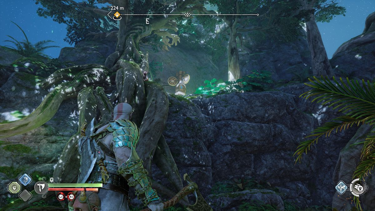 Kratos prende di mira un interruttore Nornir in God of War Ragnarok