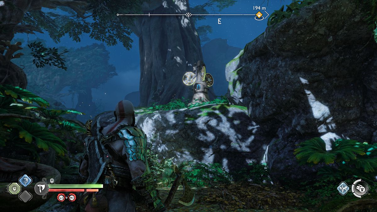 Kratos prende di mira un interruttore Nornir in God of War Ragnarok