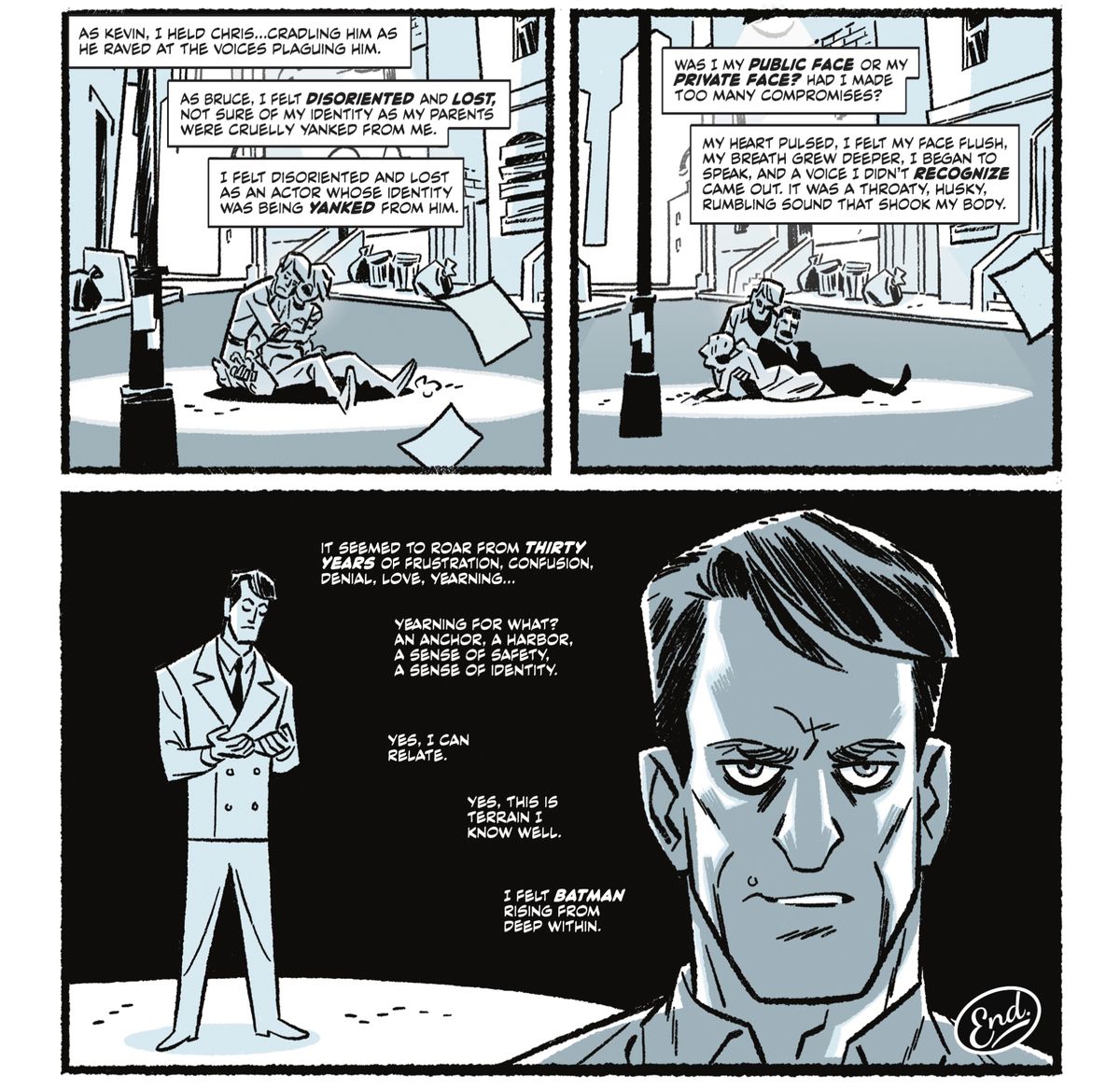 Kevin Conroy descrive come immaginava di sentirsi disorientato e perso, senza identità, mentre entrava nella testa di Bruce Wayne per inventare la sua voce.