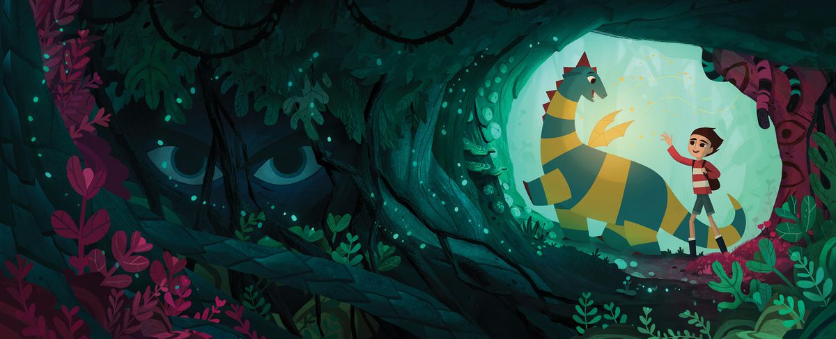 Un ragazzo cammina accanto a un drago in una foresta con un paio di occhi che lo fissano minacciosamente attraverso la vegetazione boscosa.