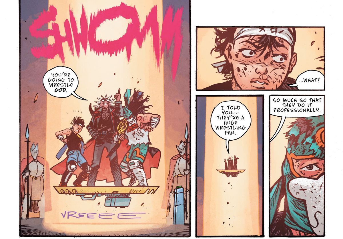 I due protagonisti sono innervositi su una piattaforma levitante mentre il promotore di wrestling del negromante dice