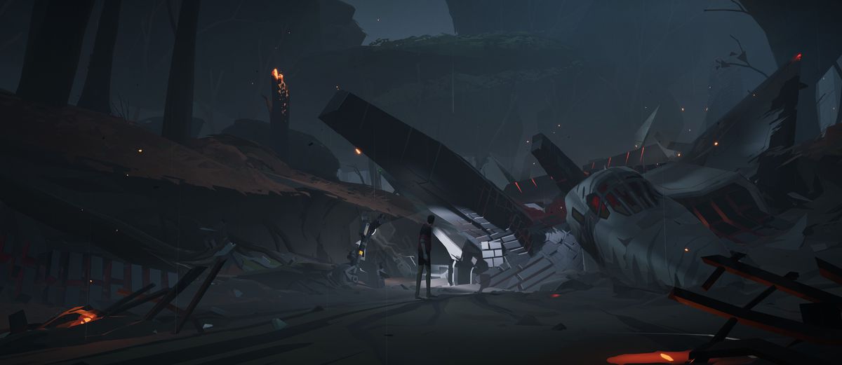 Un uomo guarda un jet precipitato ricoperto di pietra aliena a Somerville.