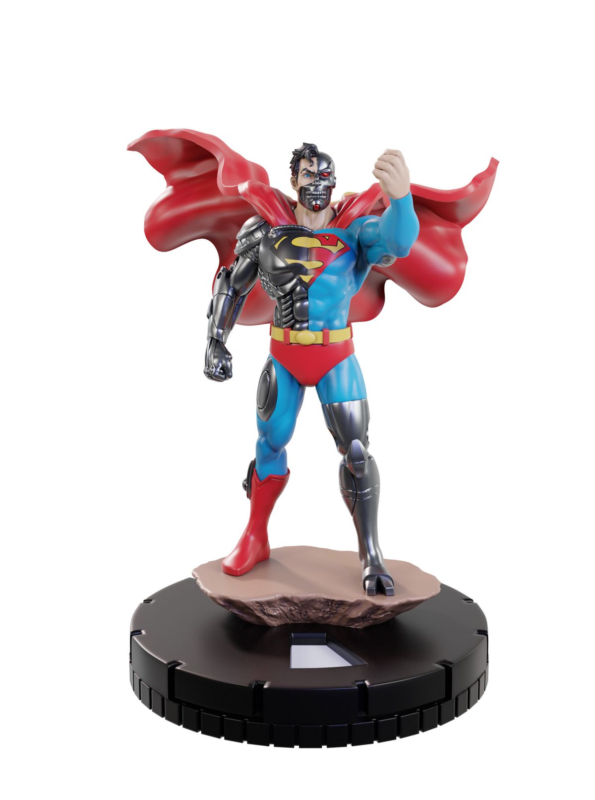 Cyborg Superman alza il pugno in segno di sfida. È una miniatura di plastica seduta su una base che scatta.