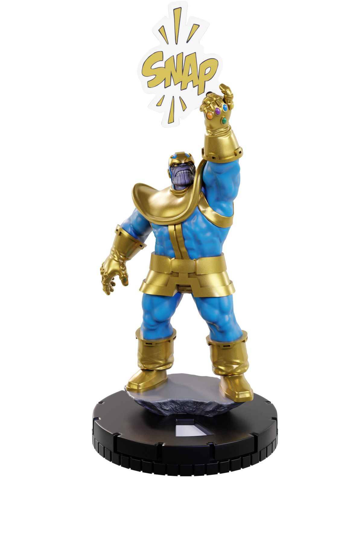 Thanos è in piedi, il braccio alzato, e fa scattare la morte di metà dell'universo. È una miniatura in piedi su una base nera che fa clic.