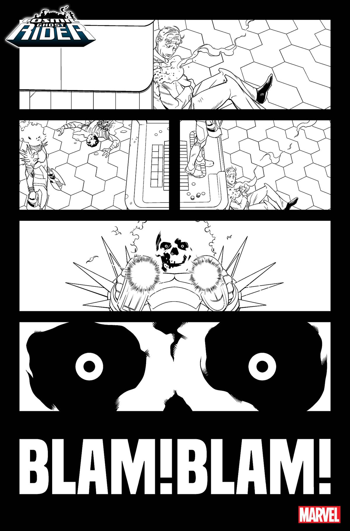 Cosmic Ghost Rider si trova in cima a un tavolo da craps ed esegue un ragazzo alieno in arte in bianco e nero da Cosmic Ghost Rider # 1 (2023).