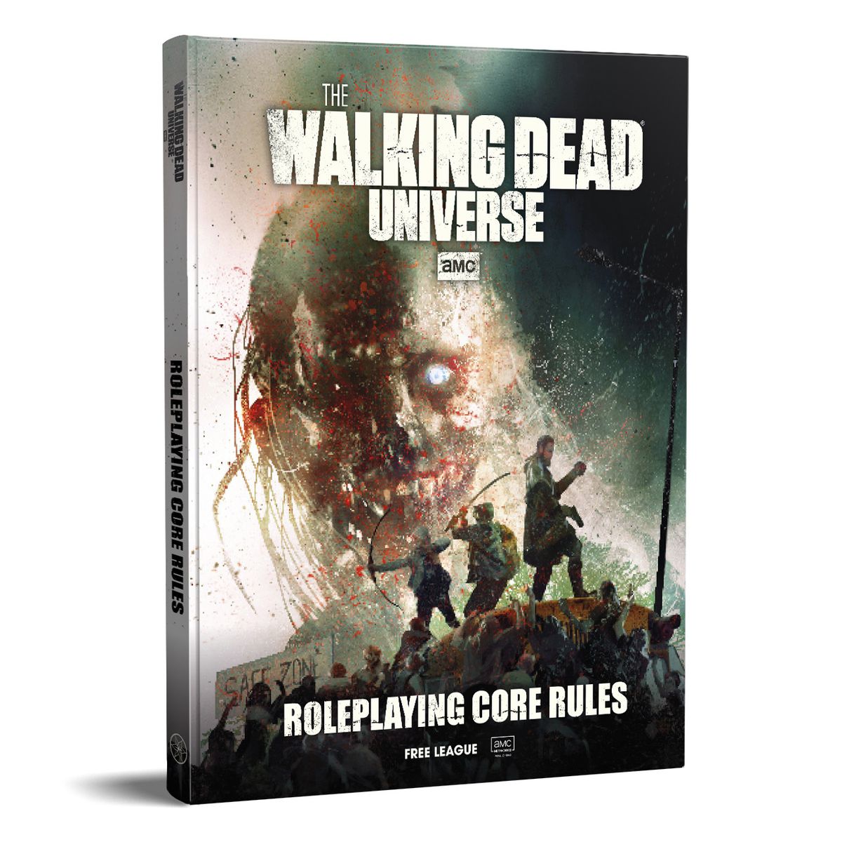 Un mockup del libro stesso, con i sopravvissuti che fanno un'ultima resistenza in cima a uno scuolabus. Il titolo recita The Walking Dead Universe Roleplaying Core Rules.