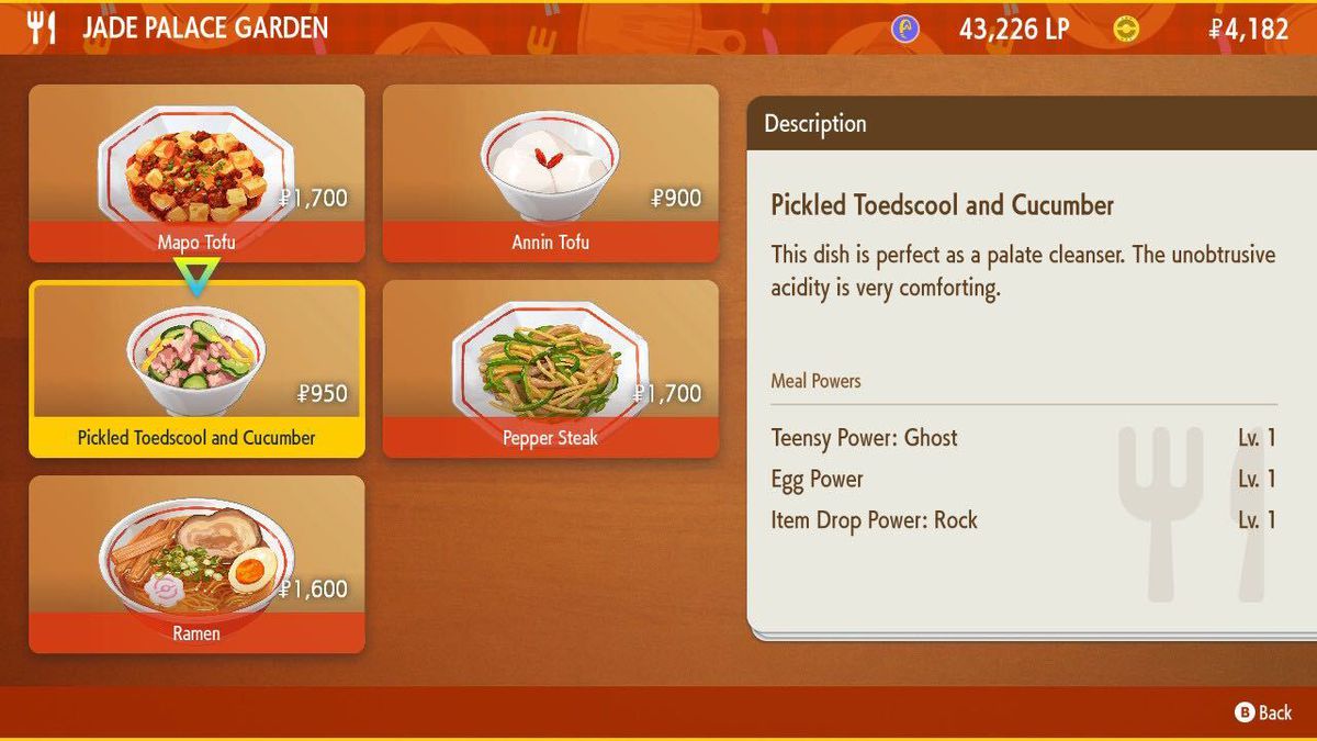 Uno screenshot dal menu di un ristorante in Pokémon Scarlet and Violet.