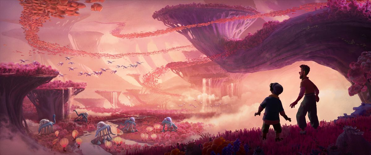 in una scena di Strange World, uno splendido paesaggio, dove tutto è arancione, rosa e rosso; due figure stagliate fissano il punto panoramico, che è pieno di strutture simili a scogliere e strane creature che sembrano dinosauri