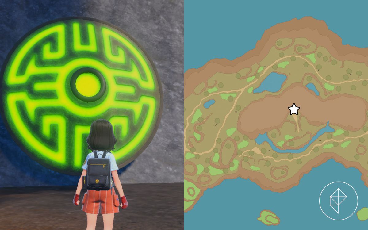 Un allenatore di Pokémon si trova di fronte a un santuario verde brillante