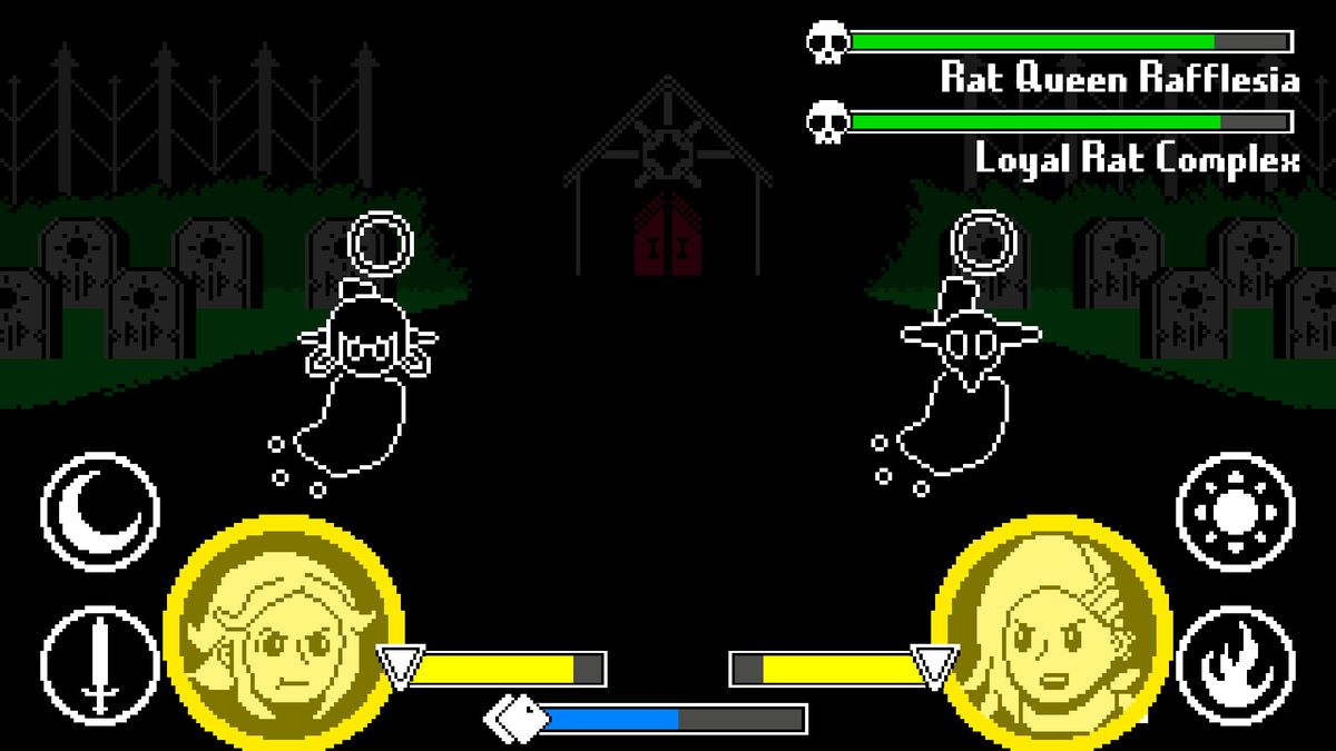 Uno degli incontri di combattimento in BOSSGAME, durante il quale le due streghe protagoniste combattono due topi nemici