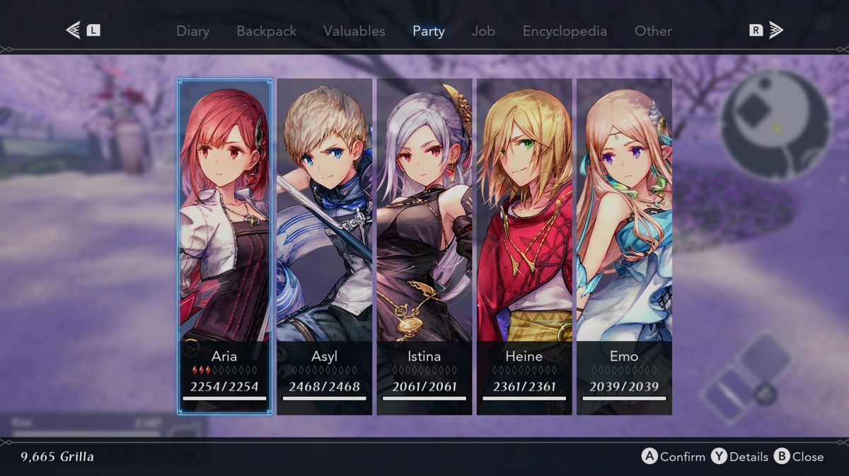 Cinque dei membri del gruppo di Harvestella si sono messi in fila tra cui scegliere