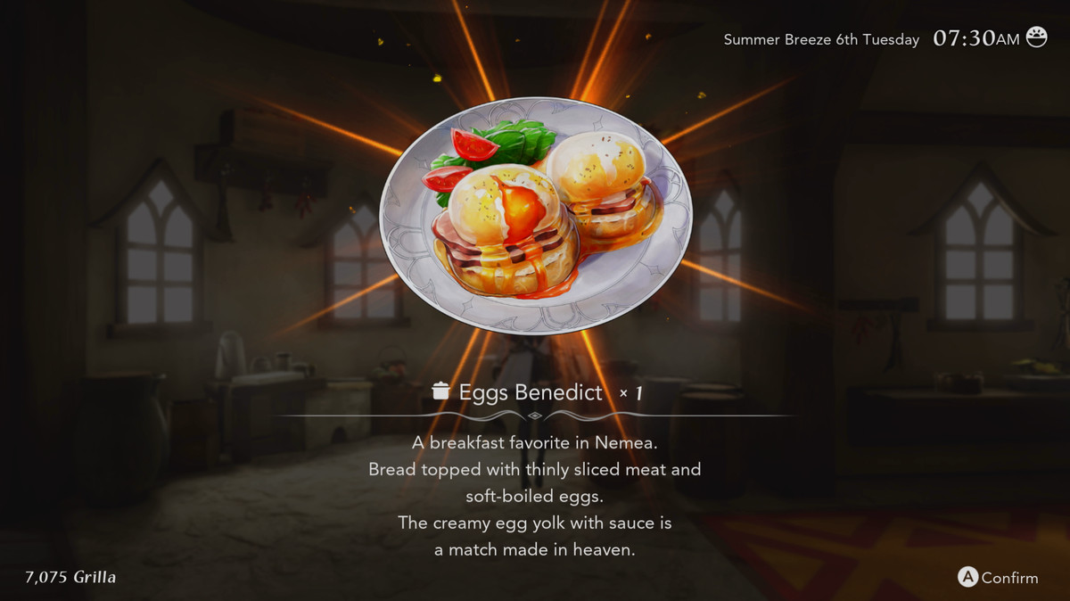 Un delizioso piatto di Uova alla Benedict in Harvestella