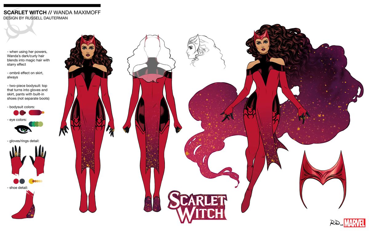 Un documento di design del personaggio di Russel Dauterman, con la nuova combinazione di colori, anelli, dettagli degli stivali, corona e fluenti capelli ondulati di Scarlet Witch che si allungano quando usa la magia, sfumando in una distesa stellata rossa.