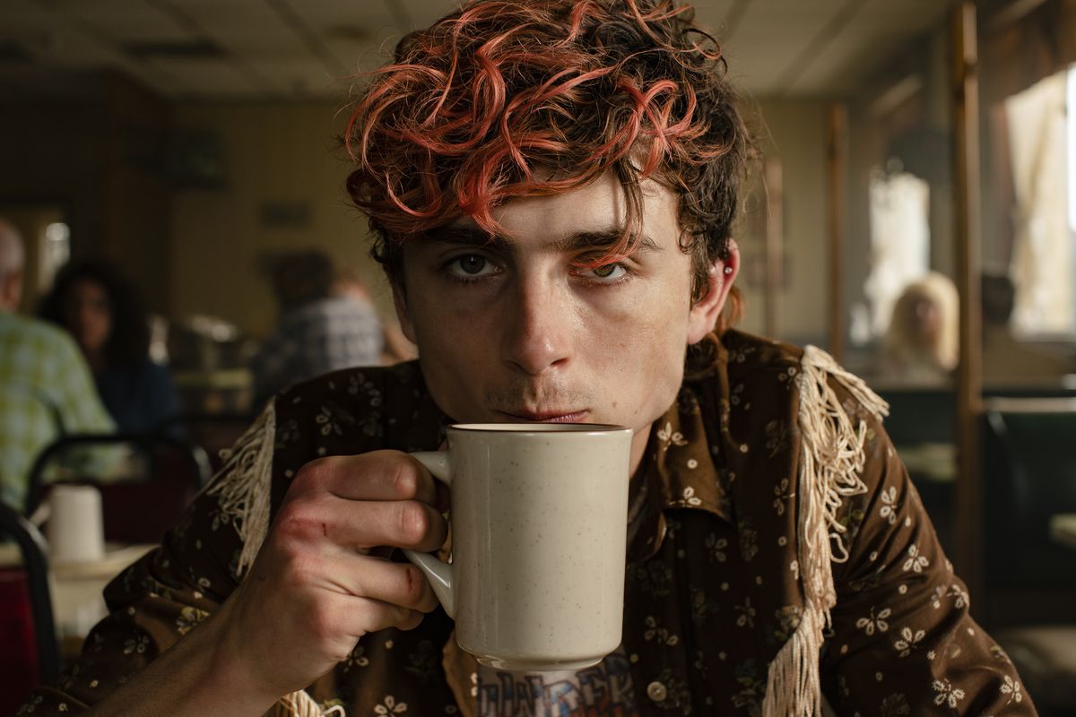 Lee (Timothée Chalamet), un giovane con profonde borse sotto gli occhi e una zazzera di capelli ricci tinti di rosso, sorseggia il caffè e fissa con aria di sfida la telecamera in Bones and All