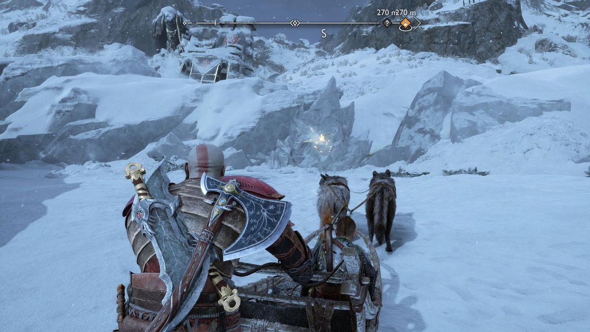 Kratos e Atreus osservano una crepa luminosa nel muro di Midgard mentre cercano l'armatura di Steinbjorn ambientata in God of War Ragnarok.
