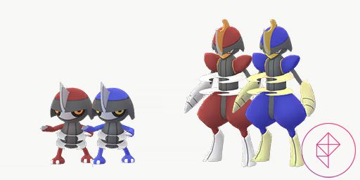 Shiny Pawniard e Bisharp con le loro forme normali. Entrambe le forme lucide diventano blu nelle loro aree solitamente rosse.