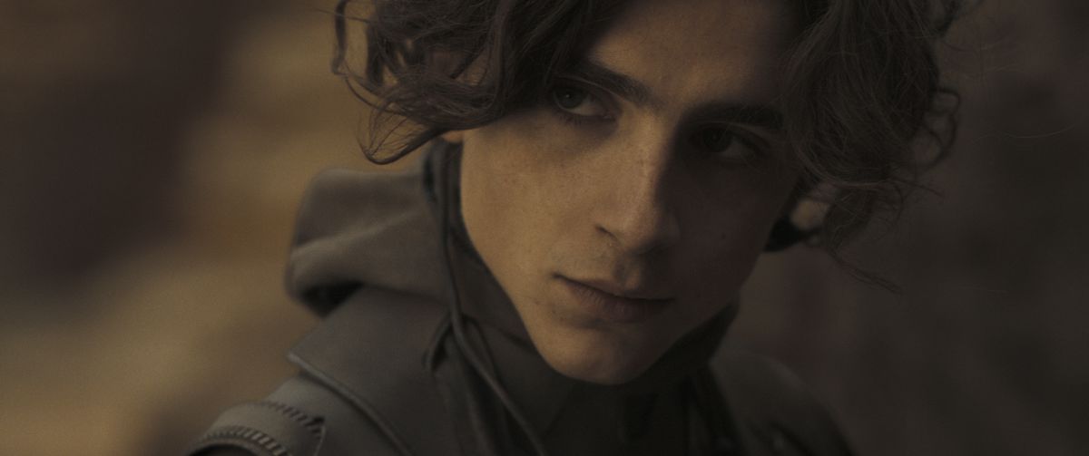 Un primo piano estremo di un giovane dall'aspetto imbronciato (Timothée Chalamet) su uno sfondo sfocato del deserto.