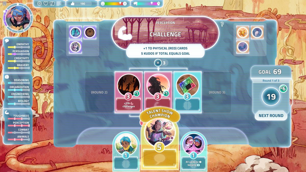 Un gioco di carte con una mano fatta di carte gialle, blu e rosse del videogioco I Was a Teenage Exocolonist. La carta evidenziata è etichettata come