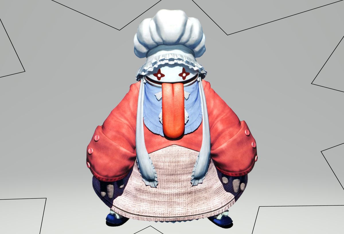 Quina Quen, uno dei personaggi giocabili in Final Fantasy IX, mostra un'espressione giocosa nell'artwork ufficiale del gioco