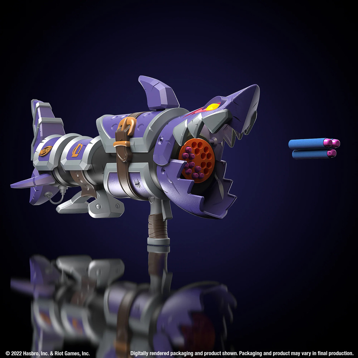 Blaster Nerf LMTD Jinx Fishbones - un lanciarazzi viola, decorato con le mascelle di uno squalo intorno alla canna. L'arma spara tre dardi Nerf.