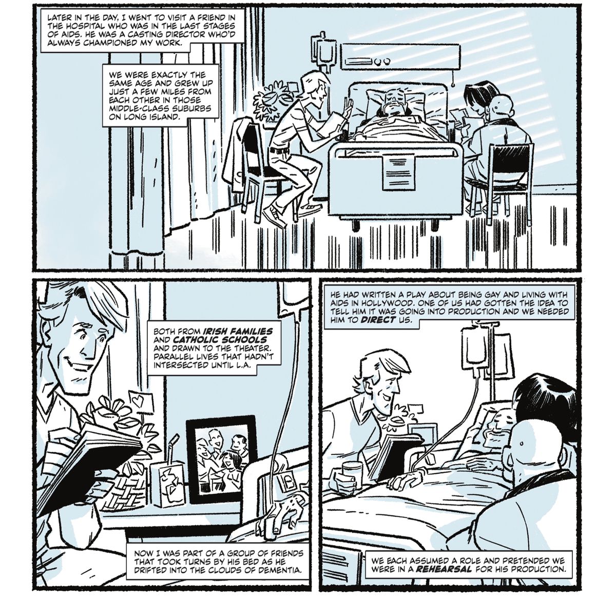 Kevin Conroy e i suoi amici siedono accanto al letto dell'ospizio di un amico nelle fasi finali dell'AIDS. Le scatole di narrazione spiegano che lo stanno alleviando attraverso la demenza fingendo di provare una commedia che ha scritto sull'essere gay e sulla convivenza con l'AIDS a Hollywood, in DC Pride 2022.
