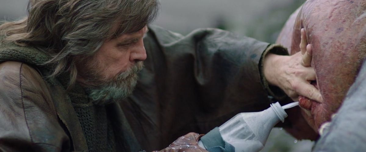 Il vecchio eremita Shaggy Luke Skywalker (Mark Hamill) preme una tetta aliena per produrre del latte verdastro in Star Wars: Episodio VIII - Gli ultimi Jedi