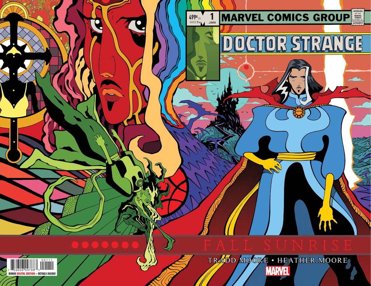 La copertina anteriore e posteriore di Doctor Strange # 1 (Marvel Comics, 2022), un'illustrazione avvolgente psichedelica in cui Doctor Strange si mette in posa con una mano sul fianco sul davanti e una serie di sagome e volti spettrali appaiono sul retro, tra cui il suo volto di profilo, un disegno ombreggiato di verde di Strange che si addormenta e una donna nera e oro davanti a un crocifisso.