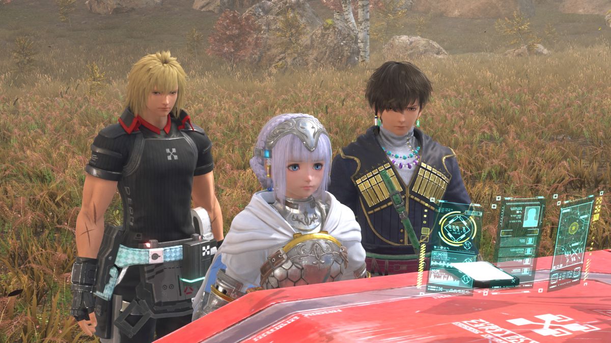 Laeticia, Ray e Albaird esaminano un ologramma nel JRPG fantascientifico Star Ocean: The Divine Force