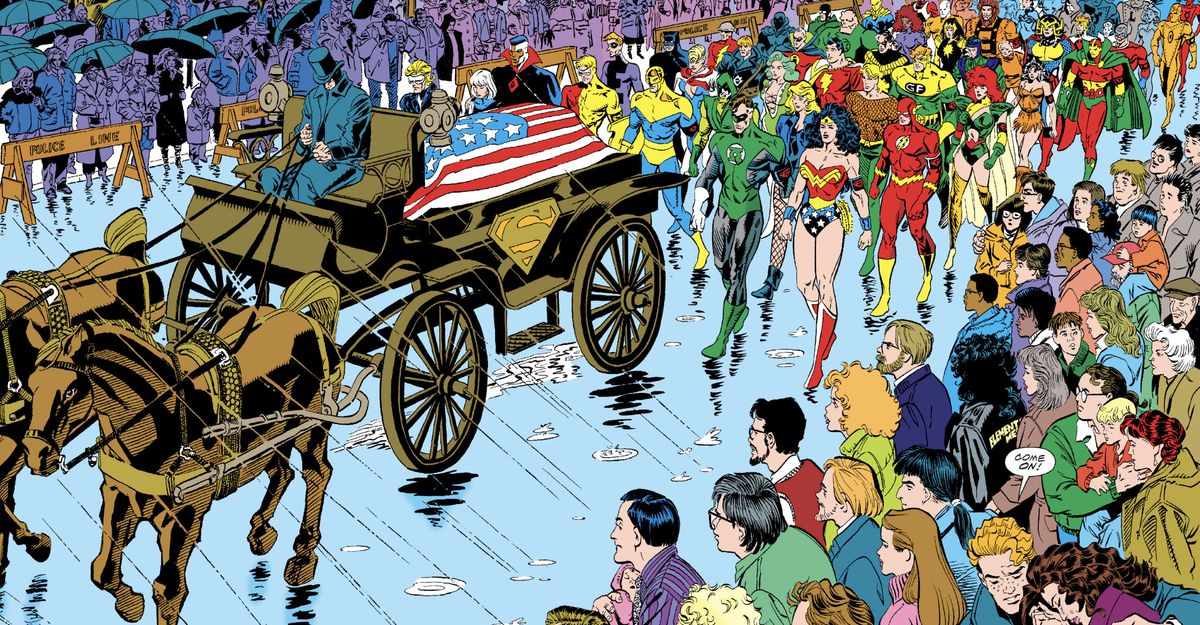 Decine di supereroi, tra cui Lanterna Verde, Wonder Woman, Flash e Aquaman, seguono, sotto la pioggia, dietro il carro funebre di Superman in Superman: Funeral for a Friend.
