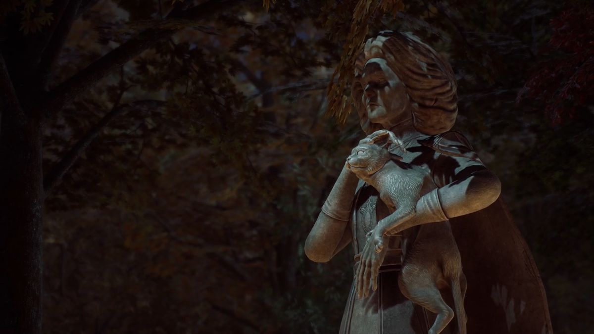 Statua di donna che tiene un gatto. Agatha Harkness e Ebano