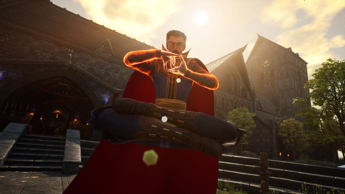 Doctor Strange che levita in aria eseguendo gesti con le mani