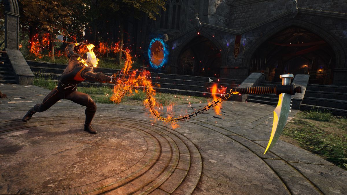 Ghost Rider lancia la sua arma incatenata che è anche in fiamme tra l'altro molto pericolosa. Anche proprio accanto a una casa!