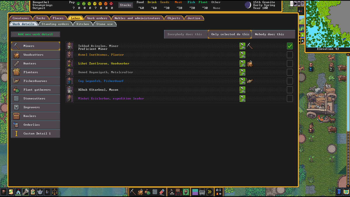 Il menu Lavoro della Fortezza dei Nani.