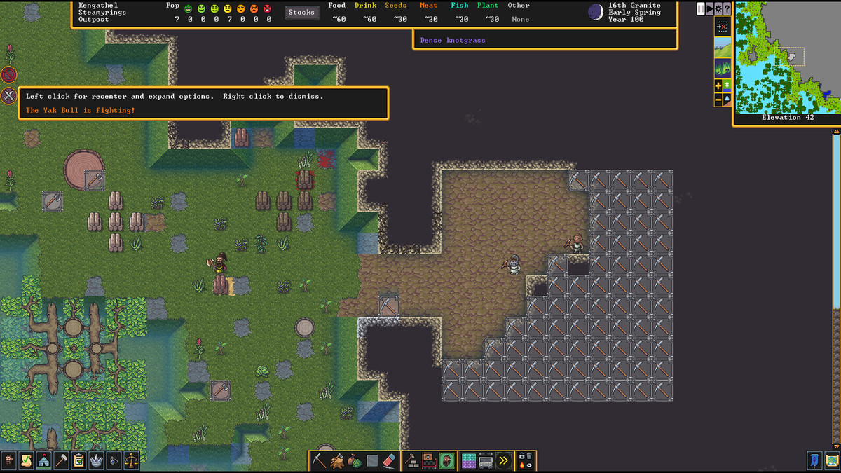 Screenshot di Dwarf Fortress con l'annuncio che un toro yak sta combattendo.