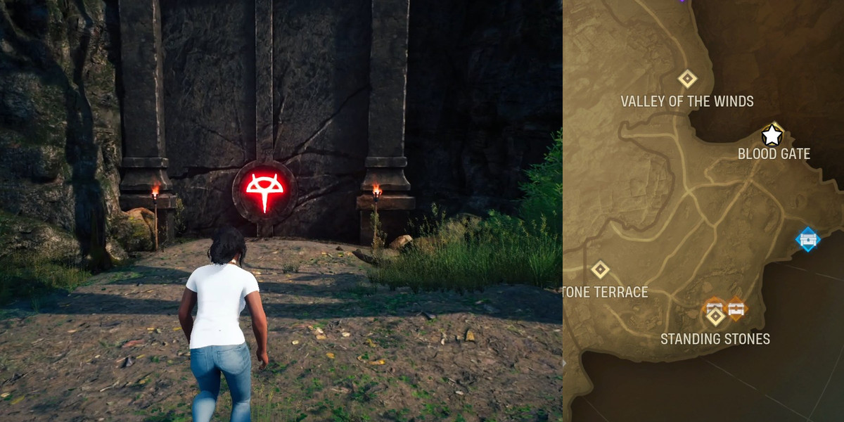 Signora in maglietta bianca e jeans che si avvicina al cancello con un sigillo rosso brillante sopra