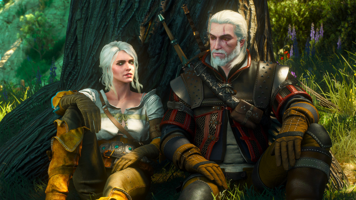 The Witcher Ciri e Geralt di Rivia riposano contro il tronco di un albero nell'aggiornamento di nuova generazione di The Witcher 3: Wild Hunt su Xbox Series X