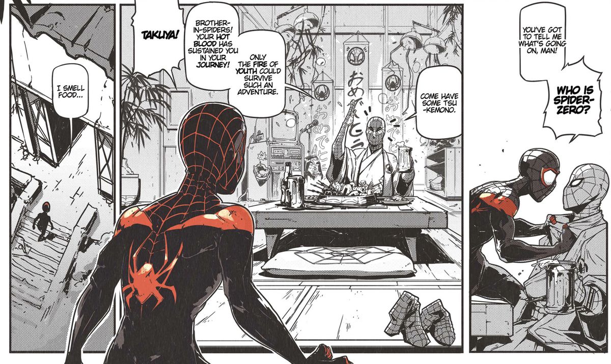Miles Morales incontra Takuya Yamashiro, mentre cena nella sua tradizionale casa giapponese. Miles ĆØ disegnato nel suo solito costume dai colori vivaci, mentre Takuya e i suoi dintorni sono realizzati in uno stile manga monocromatico. Da Spider-Verse # 1 (2019).