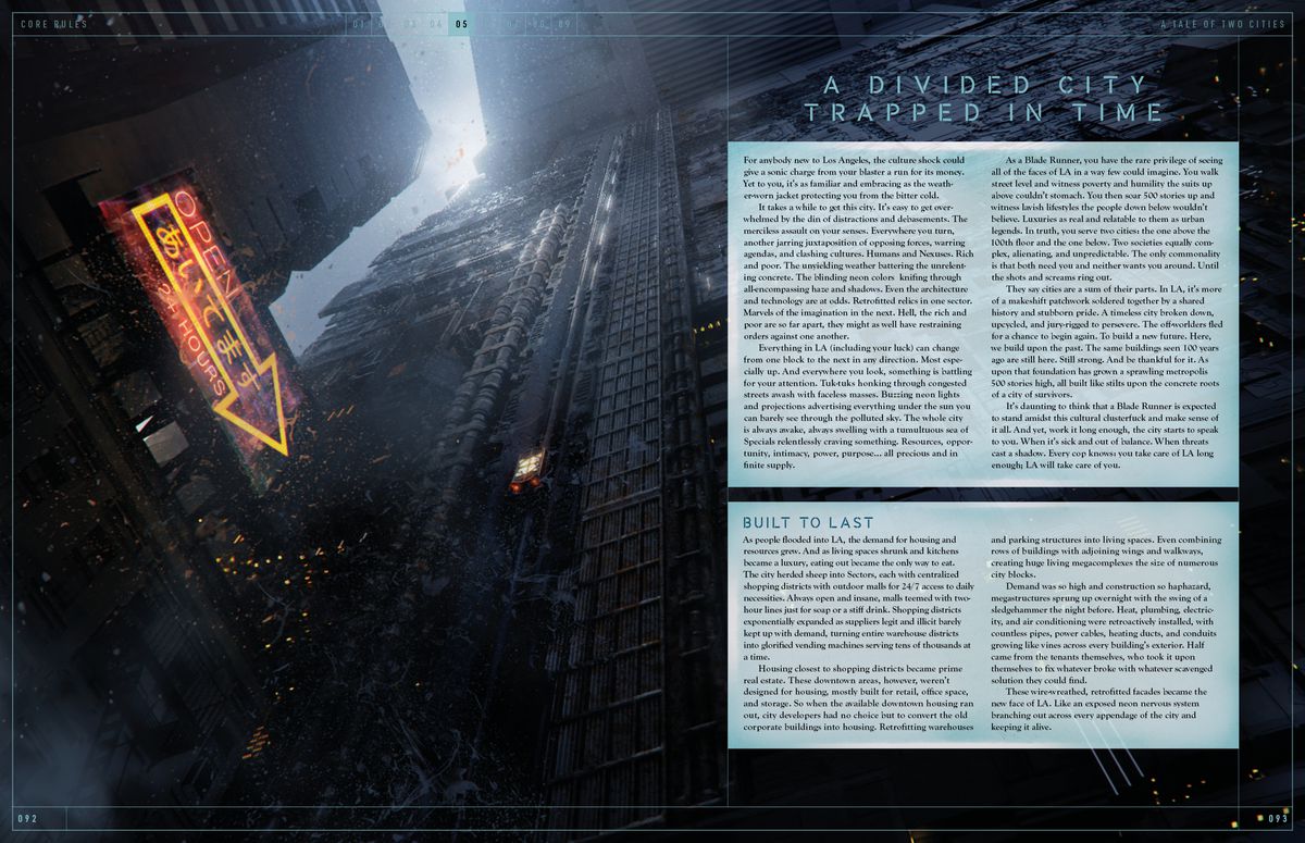 Esempi di spread sulla tradizione di Blade Runner: The Roleplaying Game Core Rules.