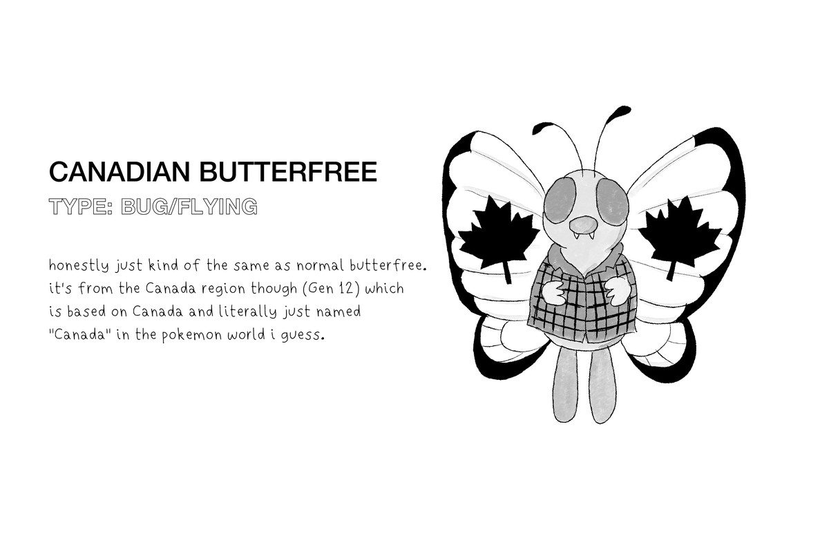 L'artwork originale mostra il finto Pokemon Canadian Butterfree, una farfalla che assomiglia esattamente a Butterfree tranne che con foglie d'acero sulle ali e una camicia di flanella sul corpo.  Il testo sull'immagine recita: “Onestamente è proprio come il normale butterfree.  proviene dalla regione del Canada (Gen 12) che è basata sul Canada e letteralmente chiamata semplicemente 