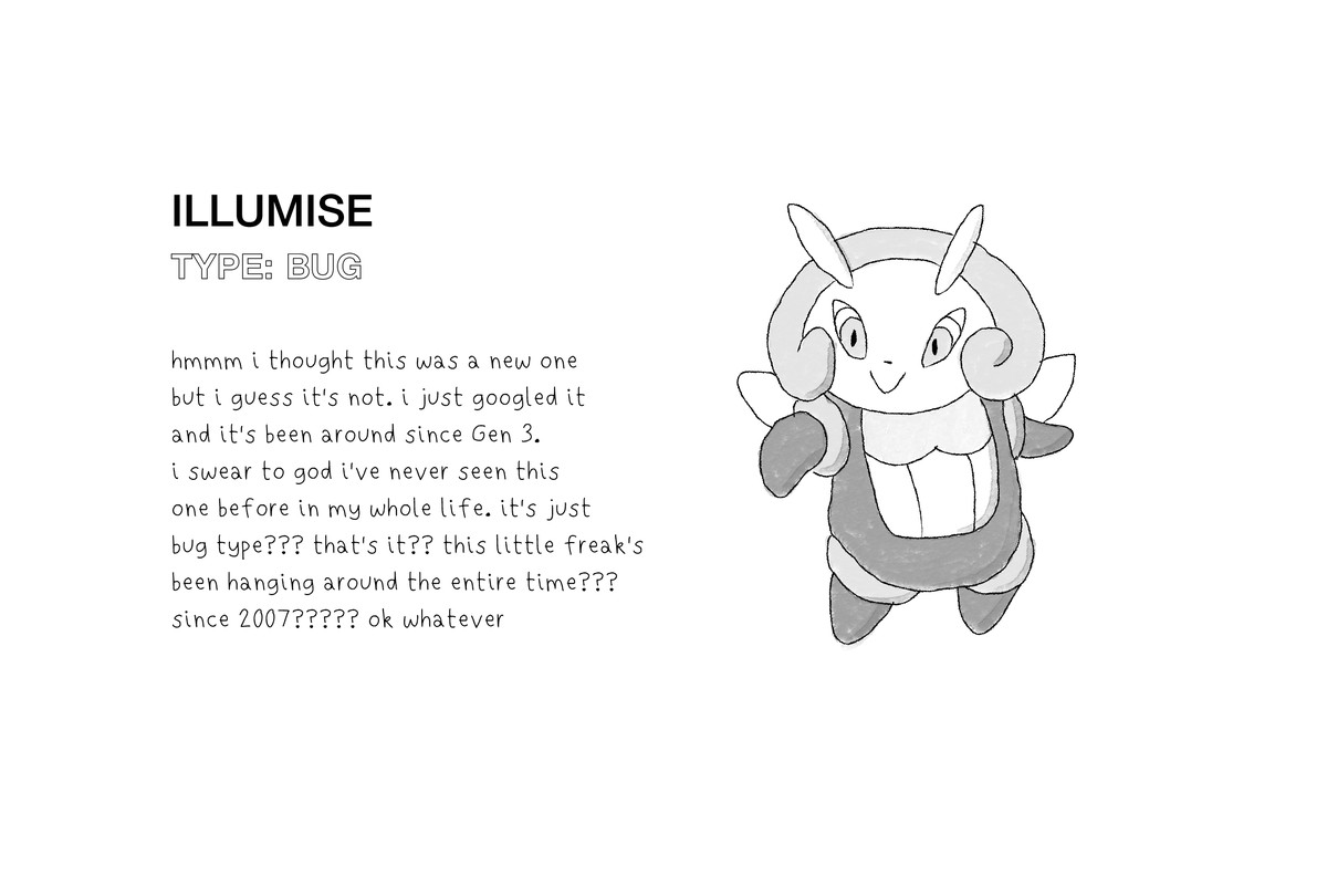 L'artwork originale mostra Illumise, un vero Pokémon simile a una lucciola introdotto in Rubino e Zaffiro.  Il testo recita: “hmmm, pensavo fosse nuovo, ma immagino che non lo sia.  l'ho appena cercato su Google ed è in circolazione dalla Gen 3. Giuro su Dio che non l'ho mai visto prima in tutta la mia vita.  è solo un tipo di bug???  questo è tutto??  questo piccolo mostro è rimasto in giro per tutto il tempo???  dal 2007?????  ok in ogni caso