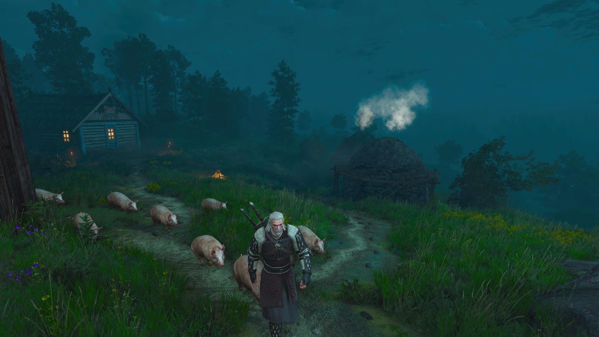 Geralt di Rivia guida di notte una fila di maiali nel loro recinto in una fattoria in The Witcher 3: Wild Hunt su PS5