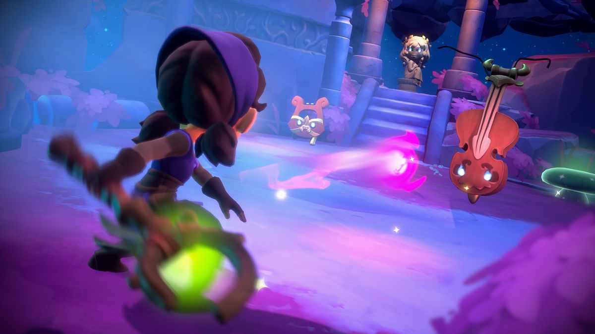 l'immagine di un personaggio che brandisce un bastone magico nelle fattorie delle fate. sembrano sparare un proiettile magico.