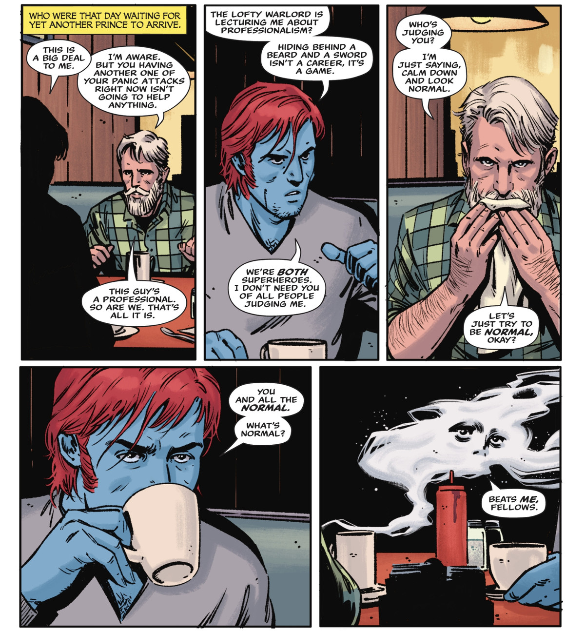 Due ragazzi parlano vagamente tra loro a una tavola calda della cosa seria e pericolosa che stanno per fare. Sono vestiti in modo non descrittivo, tranne che uno ha una grande barba vecchia e baffi fantasiosi, e l'altro ha la pelle e i capelli di un colore innaturale.