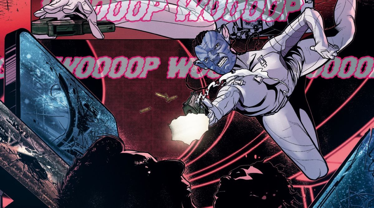 Jake Sully rimbalza a zero g a bordo di un'astronave mentre spara con una pistola ai piloti umani