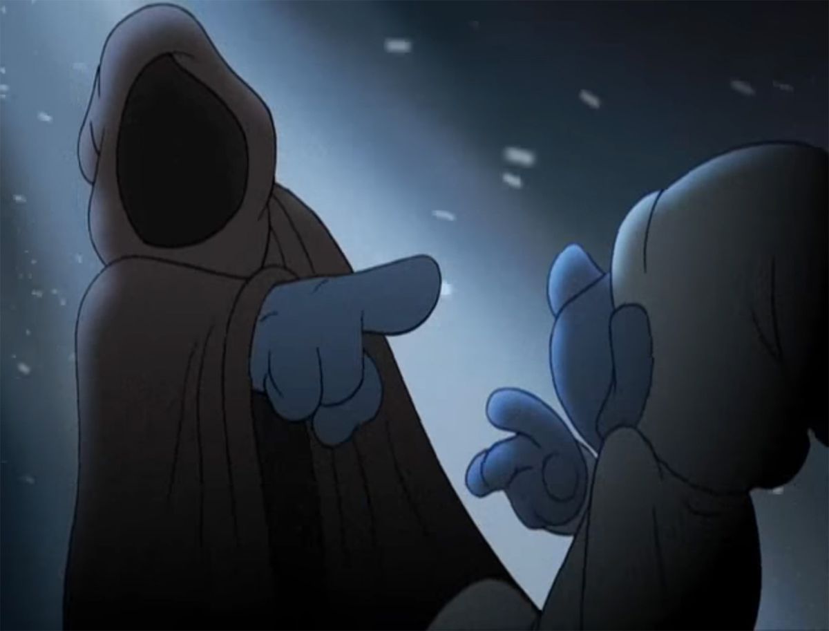 Un dito puffoso indica da un mantello scuro un altro puffo in I Puffi: Canto di Natale (2011)