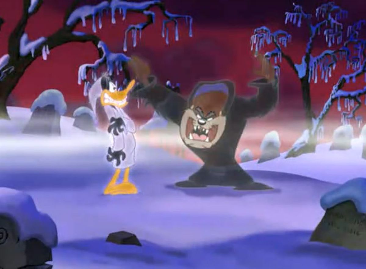 Taz emerge dalle vesti del Natale Futuro per spaventare Daffy Duck mentre i due si trovano nella foresta innevata a Bah, Humduck! Un Natale Looney Tunes (2006)