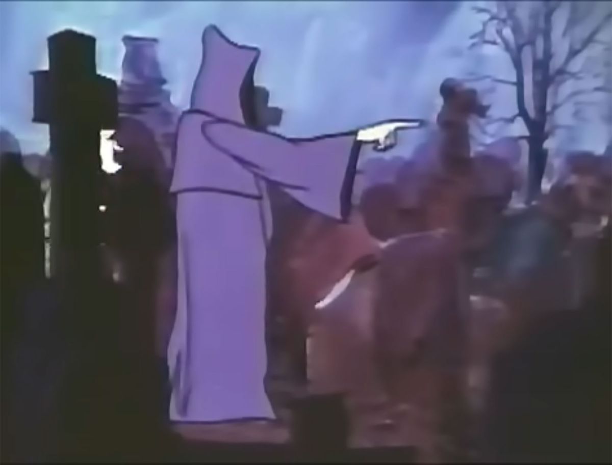 Un fantasma animato in 2D del Natale futuro punta il dito ossuto in un cimitero in A Christmas Carol (1969)